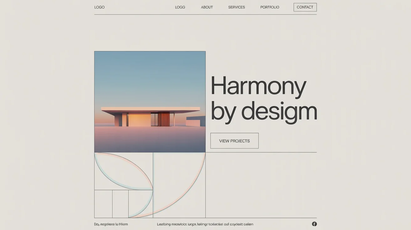 A finished, professional website design for an architectural firm. The layout uses a golden ratio grid to perfectly place an image of a modern house, a headline, and text, creating a visually balanced and harmonious composition. The underlying grid is faintly visible.