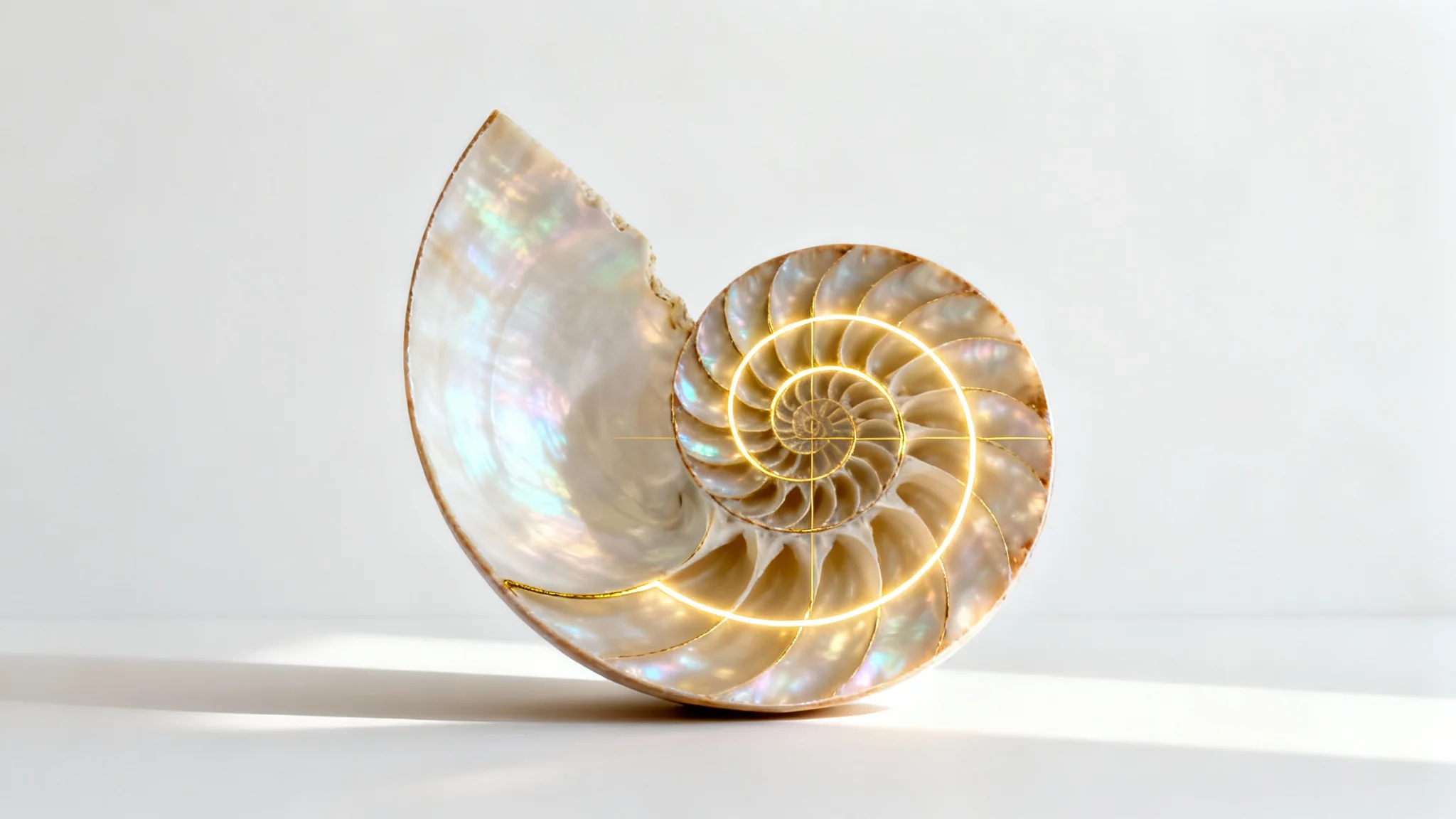 A cross-section of a nautilus shell on a white background, with its natural spiral growth pattern highlighted by an overlaid golden ratio grid.