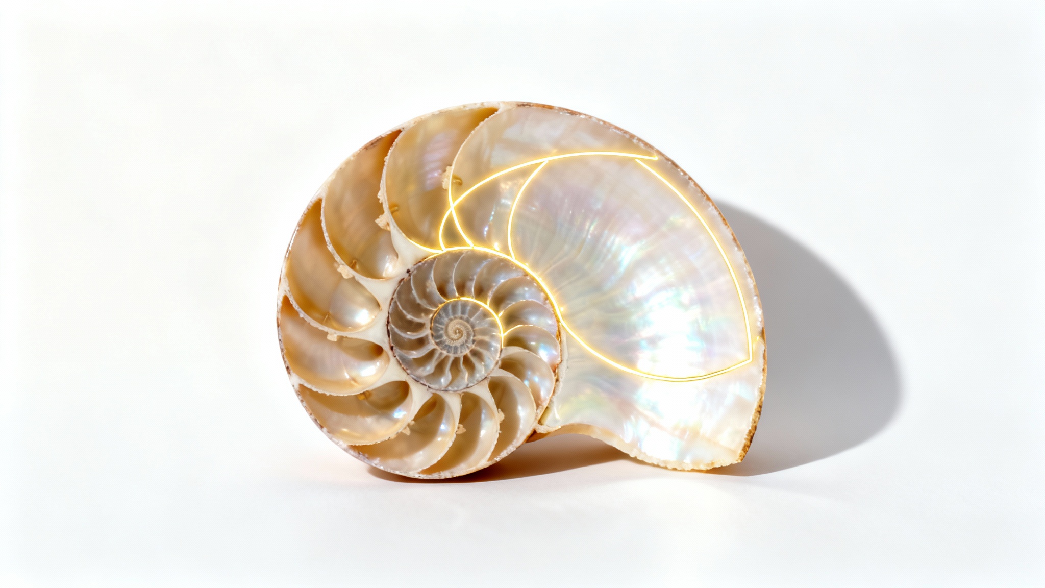A photorealistic image of a nautilus shell cut in half, with a glowing golden spiral overlaying its form to illustrate the golden ratio, set against a plain white background.