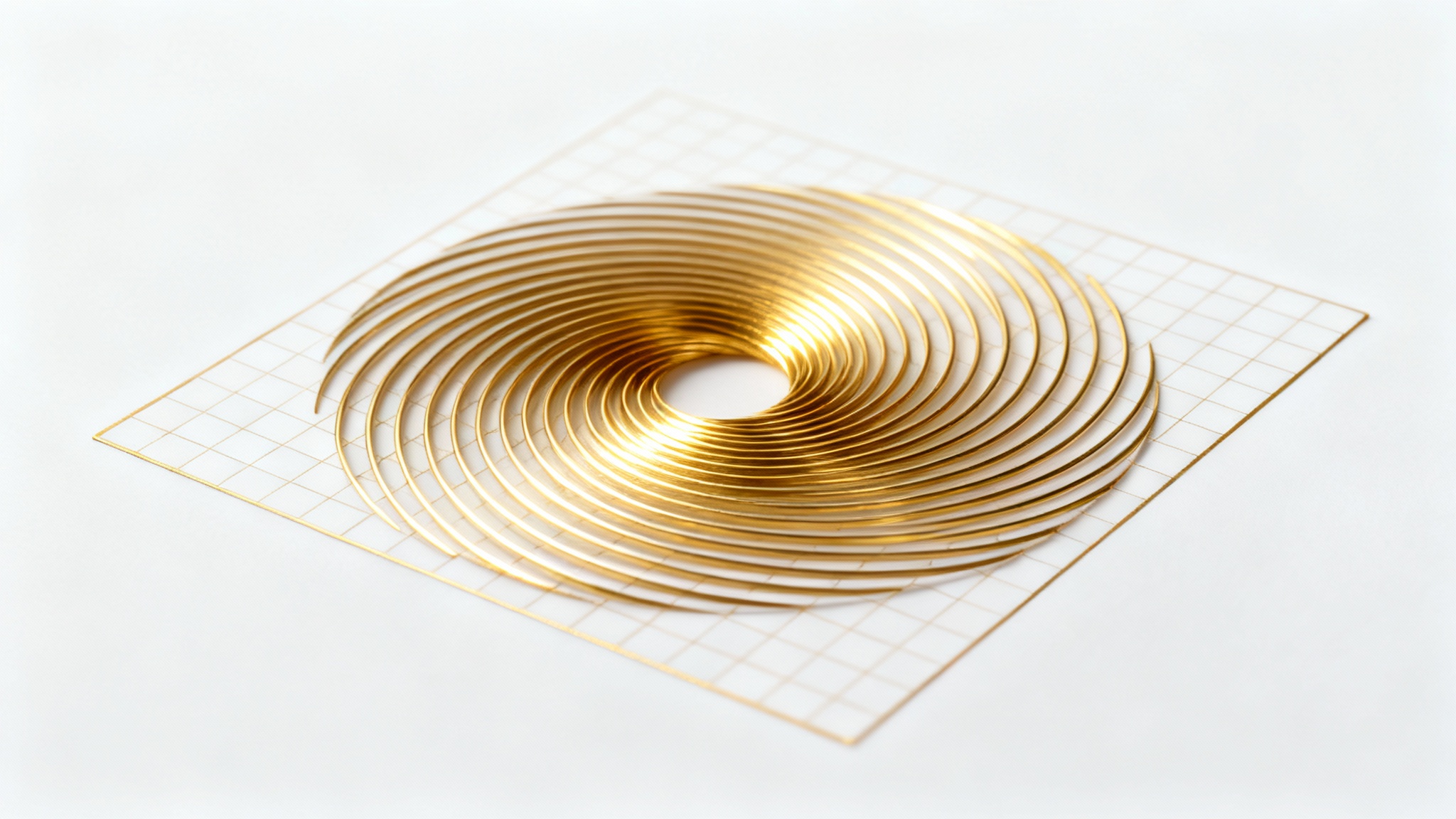 An elegant digital illustration of the golden ratio, showing a glowing golden spiral expanding over a subtle grid on a clean white background, symbolizing harmony and precision.