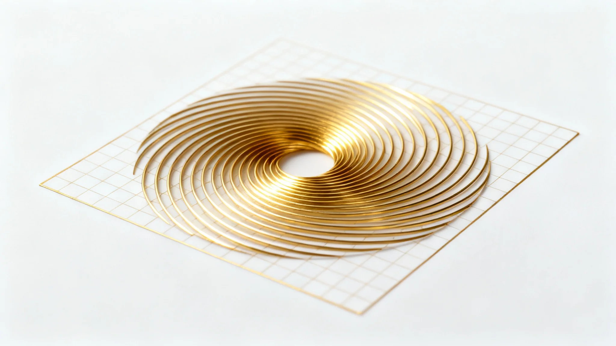 An elegant digital illustration of the golden ratio, showing a glowing golden spiral expanding over a subtle grid on a clean white background, symbolizing harmony and precision.