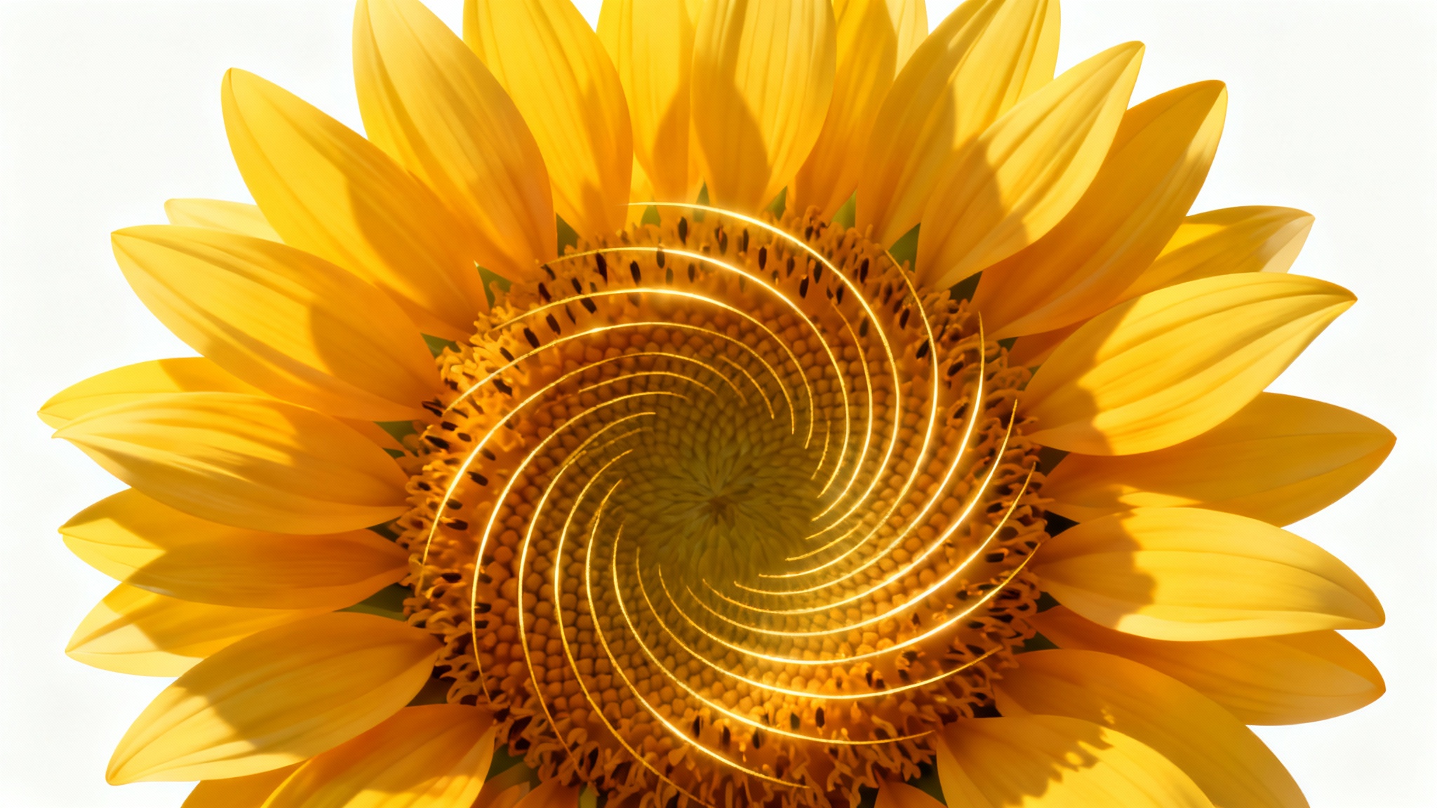 An illustration of a sunflower with a golden ratio spiral overlaid, demonstrating harmonious composition and design principles on a clean white background.