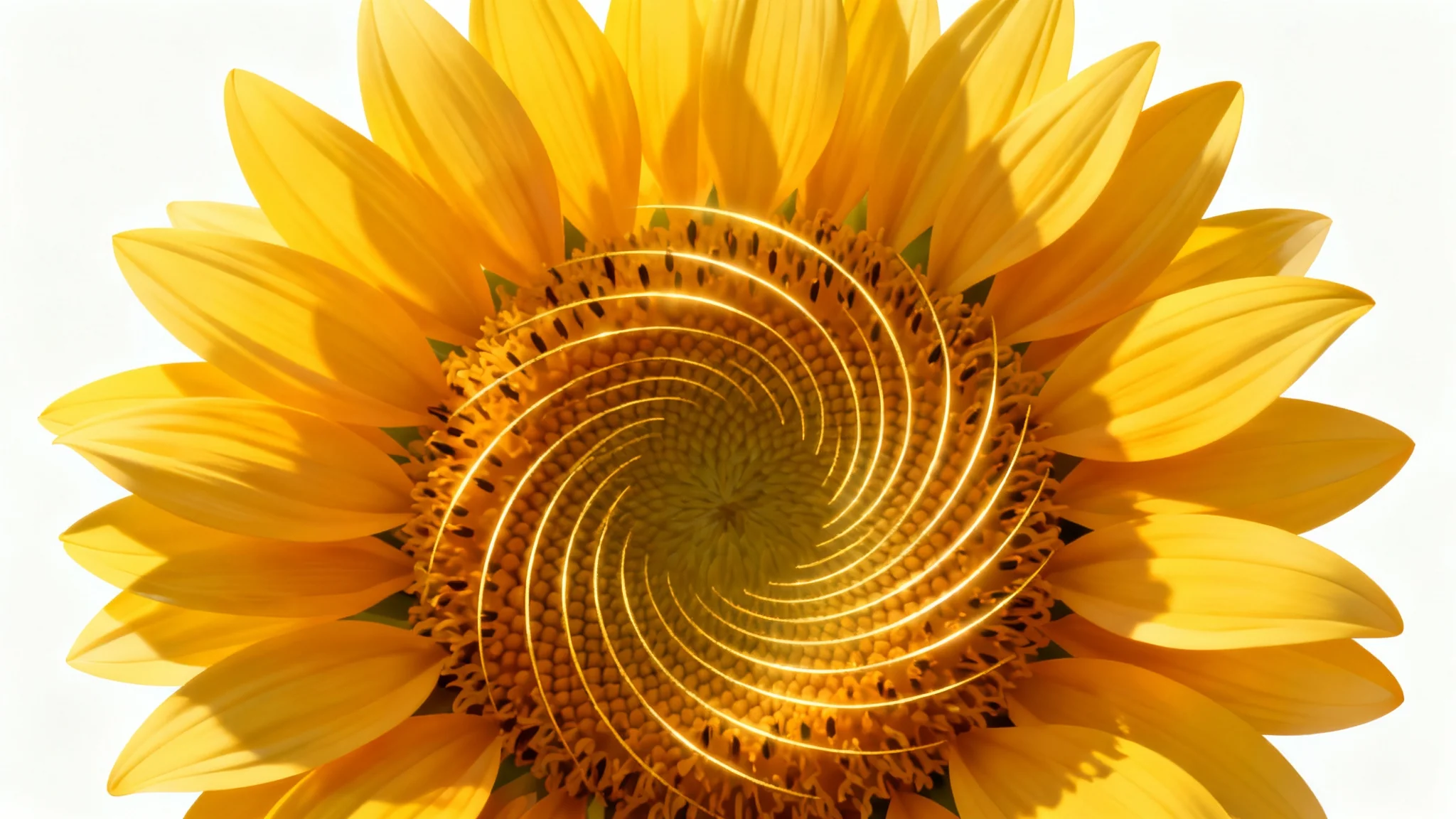 An illustration of a sunflower with a golden ratio spiral overlaid, demonstrating harmonious composition and design principles on a clean white background.