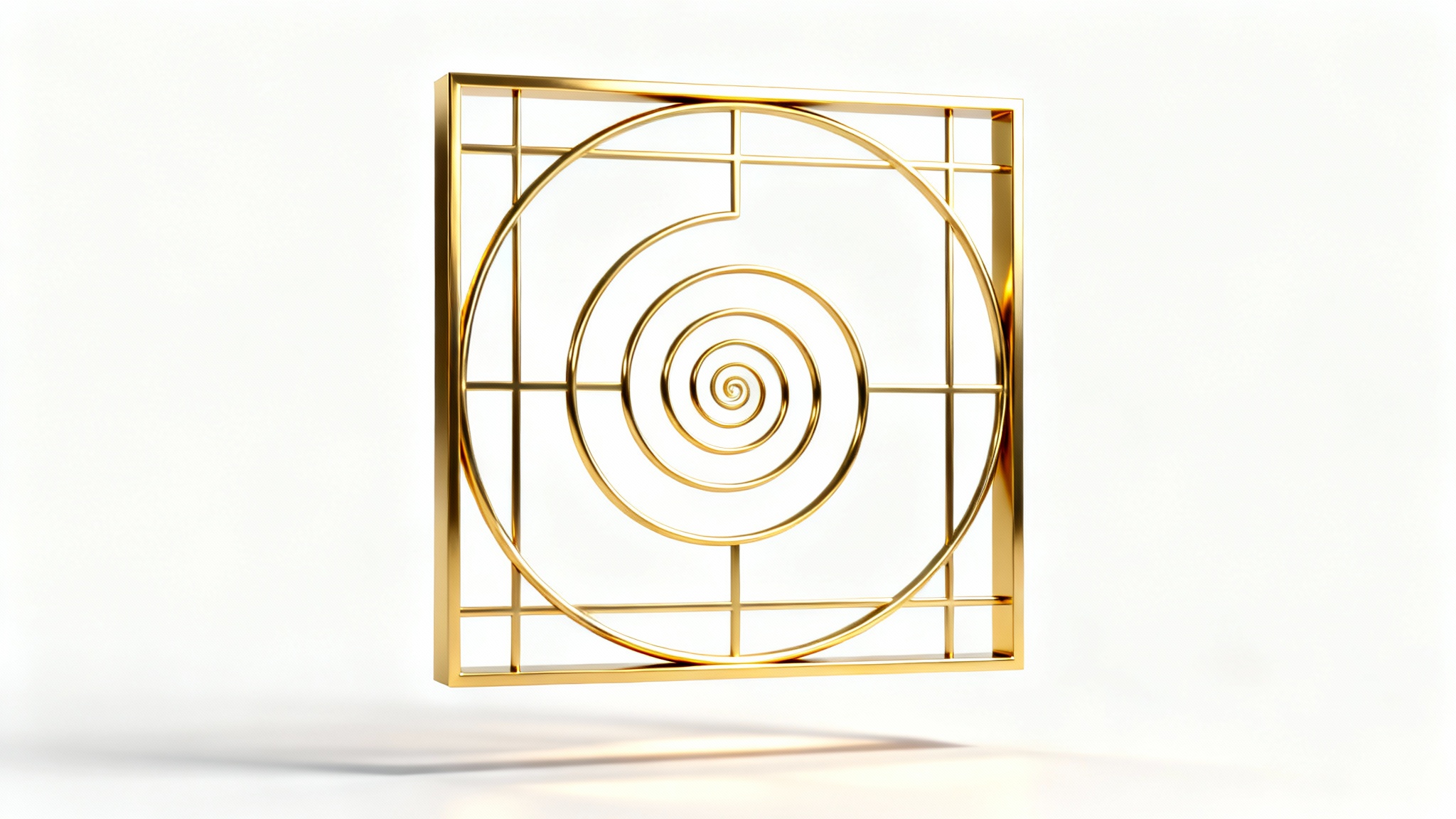 A 3D rendering of the golden ratio grid in a polished gold finish, set against a plain white background, illustrating principles of design and balance.