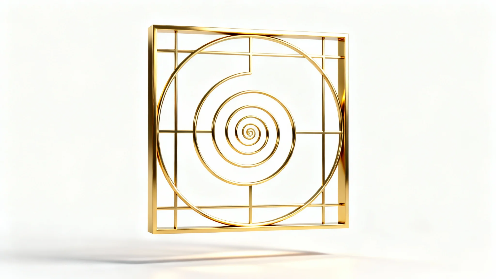 A 3D rendering of the golden ratio grid in a polished gold finish, set against a plain white background, illustrating principles of design and balance.