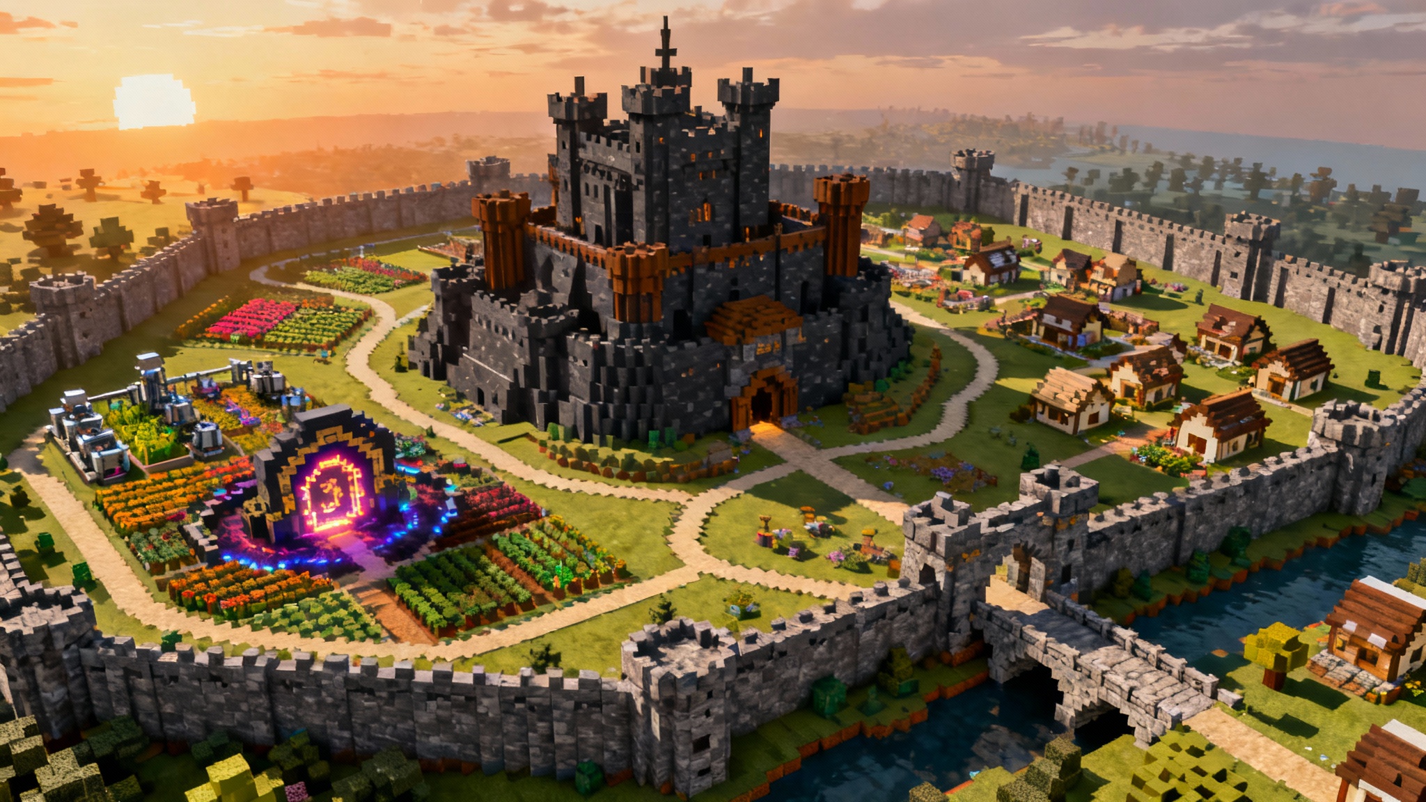Isometric digital render of a large, well-planned Minecraft base layout, featuring a central castle, farms, and towers in a mountain valley at sunrise.
