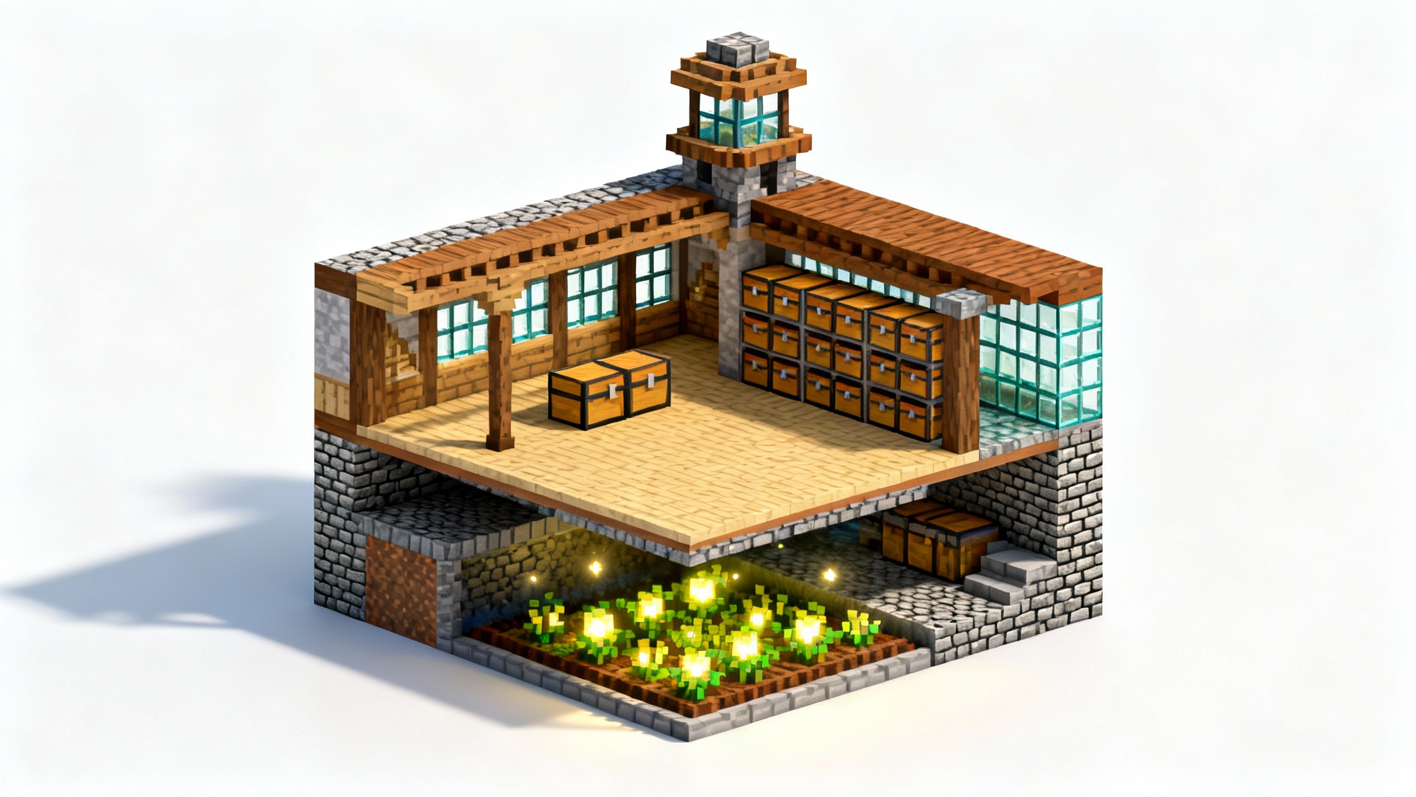 A detailed 3D isometric model of a Minecraft base layout, presented as a cross-section against a plain white background, highlighting its architectural design and various rooms.