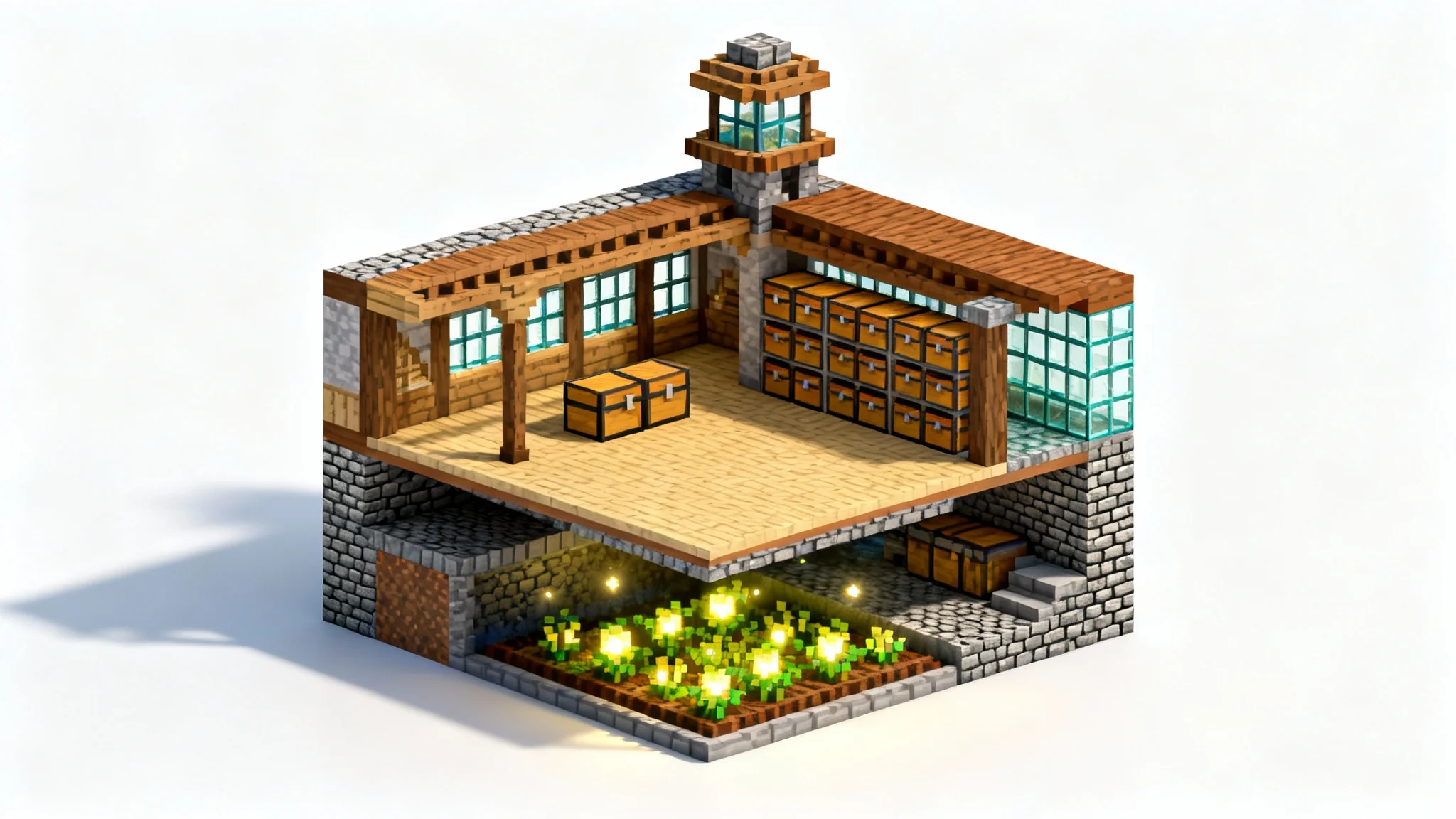 A detailed 3D isometric model of a Minecraft base layout, presented as a cross-section against a plain white background, highlighting its architectural design and various rooms.