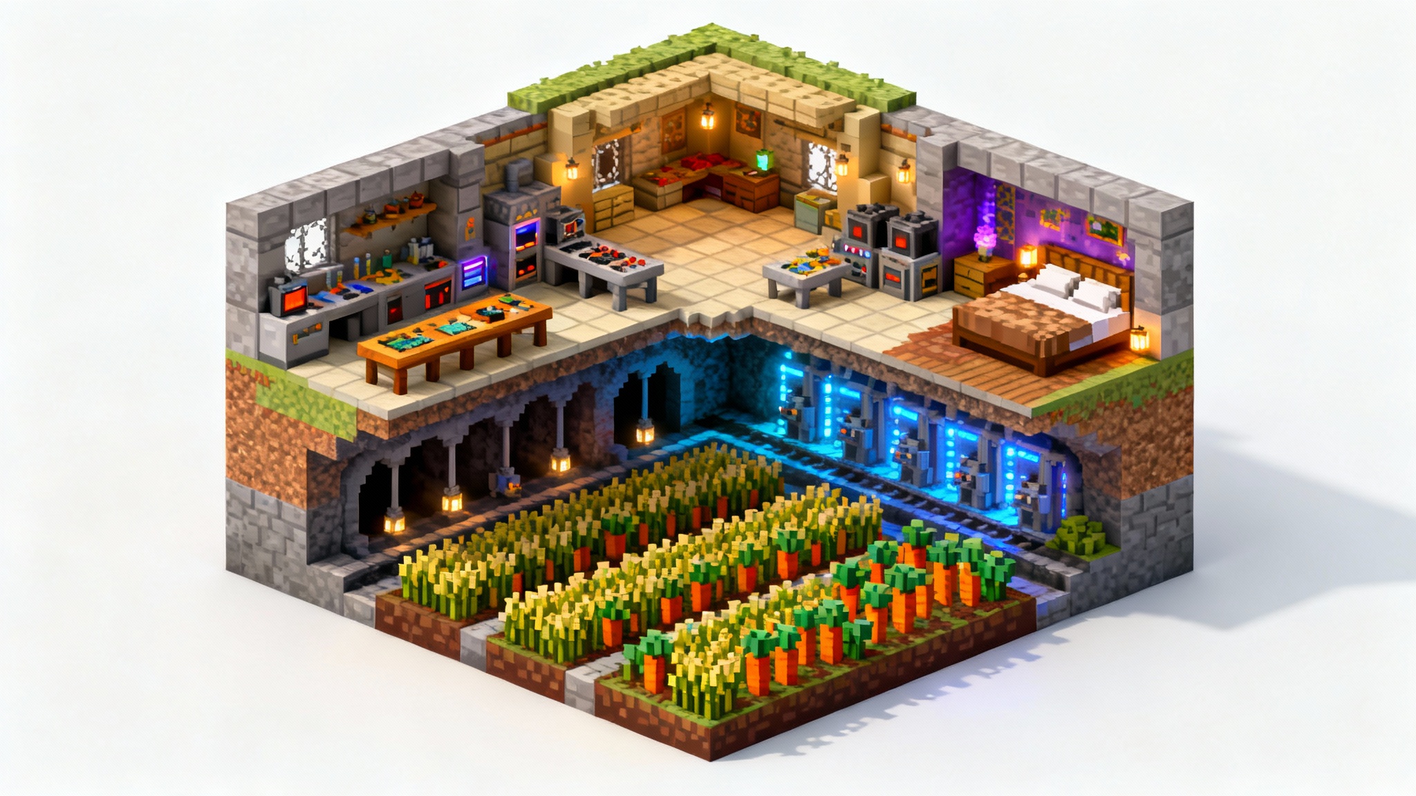 An isometric 3D render of a multi-level Minecraft base layout, shown in a cutaway view against a white background, revealing various rooms like a farm and crafting hall.