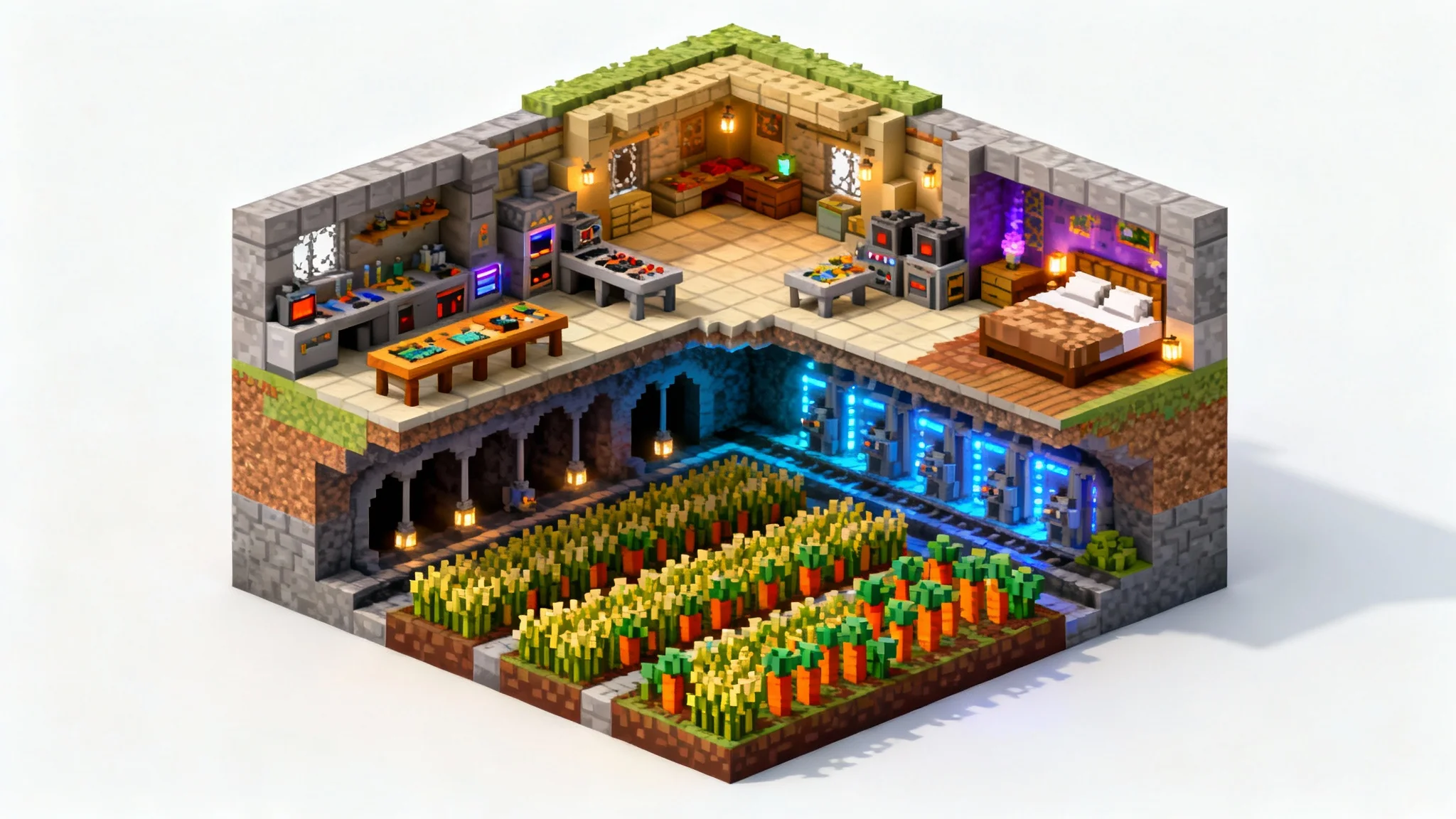 An isometric 3D render of a multi-level Minecraft base layout, shown in a cutaway view against a white background, revealing various rooms like a farm and crafting hall.