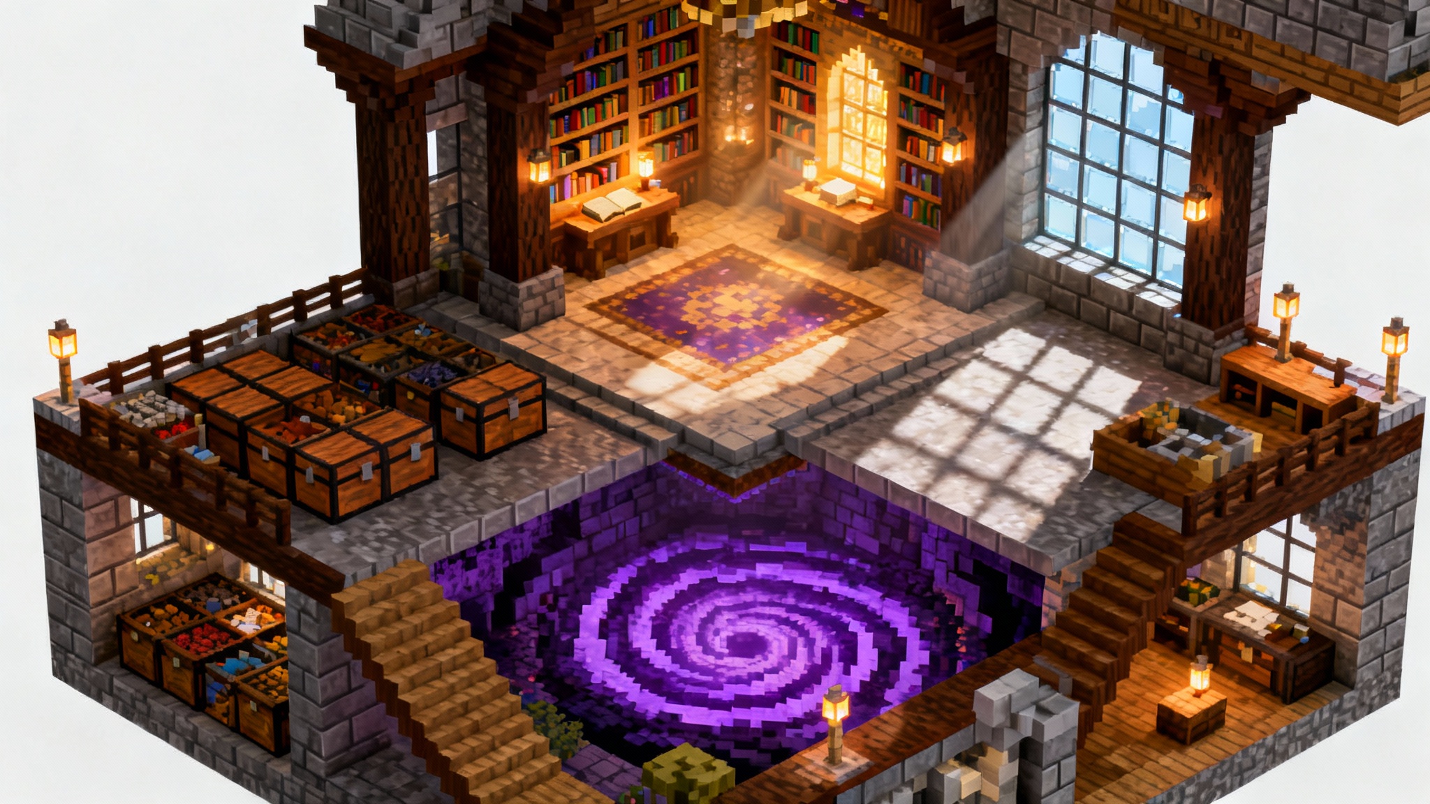 A detailed isometric 3D render of a multi-level Minecraft base, showing its internal layout including a storage room, enchanting area, and nether portal, set against a white background.