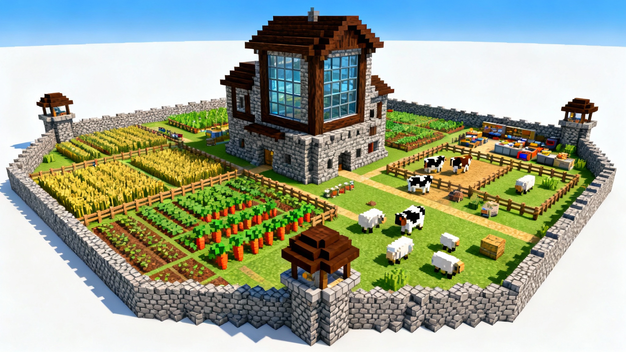 An isometric view of a detailed and organized Minecraft base layout, featuring a central keep, farms, and animal pens, presented in a blocky, voxel art style against a white background.
