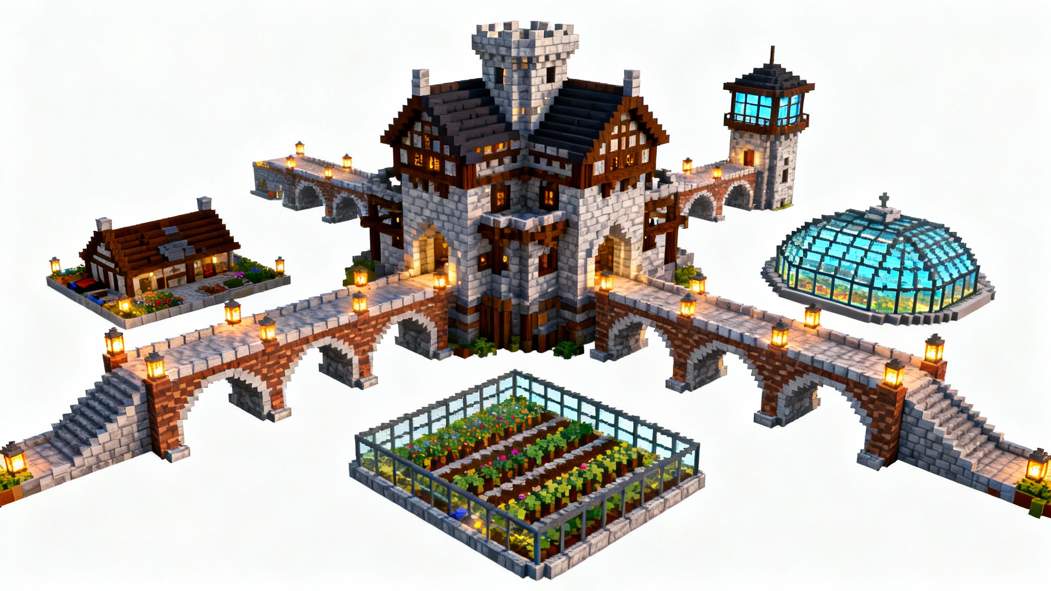 An intricate and sprawling Minecraft base layout, viewed from a high angle, featuring a central keep, connected bridges, and a glass-domed farm, all rendered in a detailed, blocky voxel art style on a clean white background.