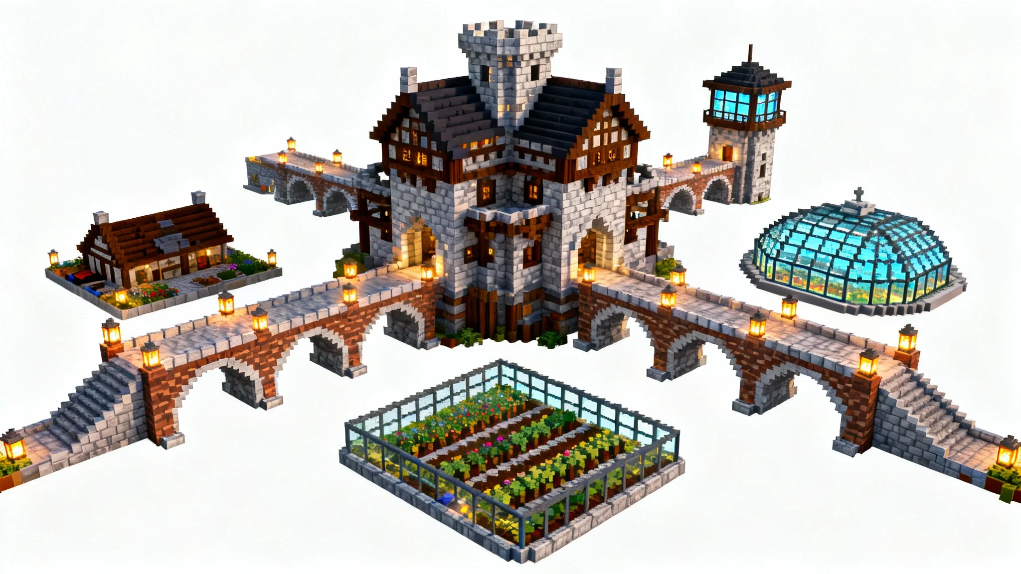 An intricate and sprawling Minecraft base layout, viewed from a high angle, featuring a central keep, connected bridges, and a glass-domed farm, all rendered in a detailed, blocky voxel art style on a clean white background.