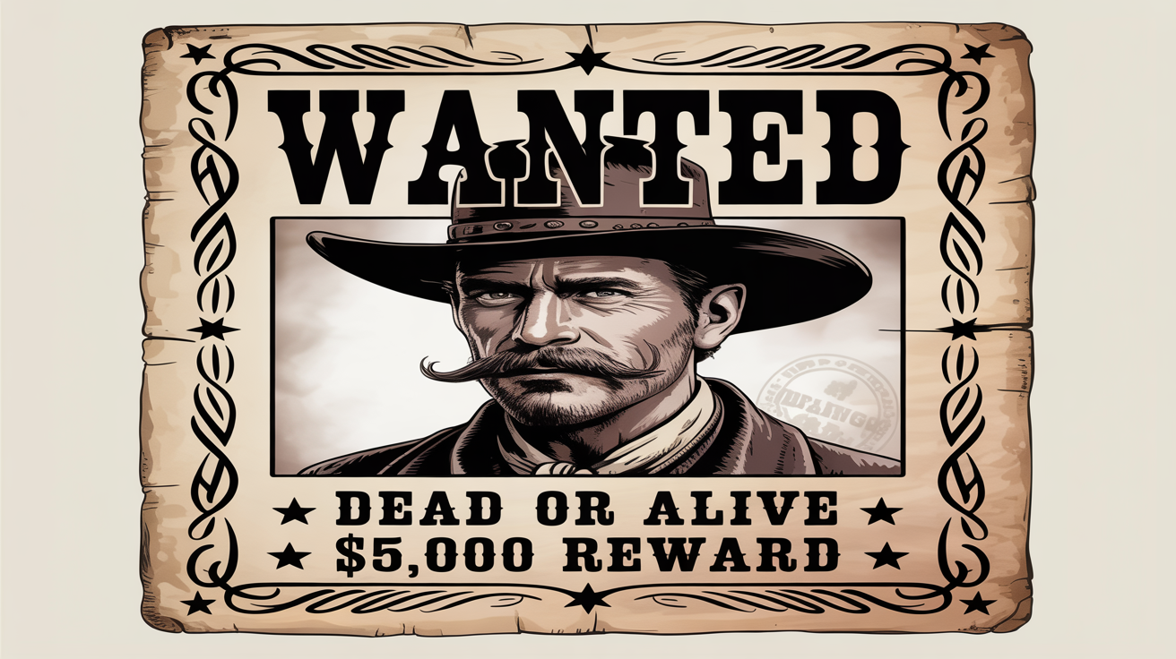 A completed Old West wanted poster showing the result of using a vintage border template. The sepia-toned poster has 'WANTED' printed at the top and features a portrait of an outlaw, with a reward amount listed below.