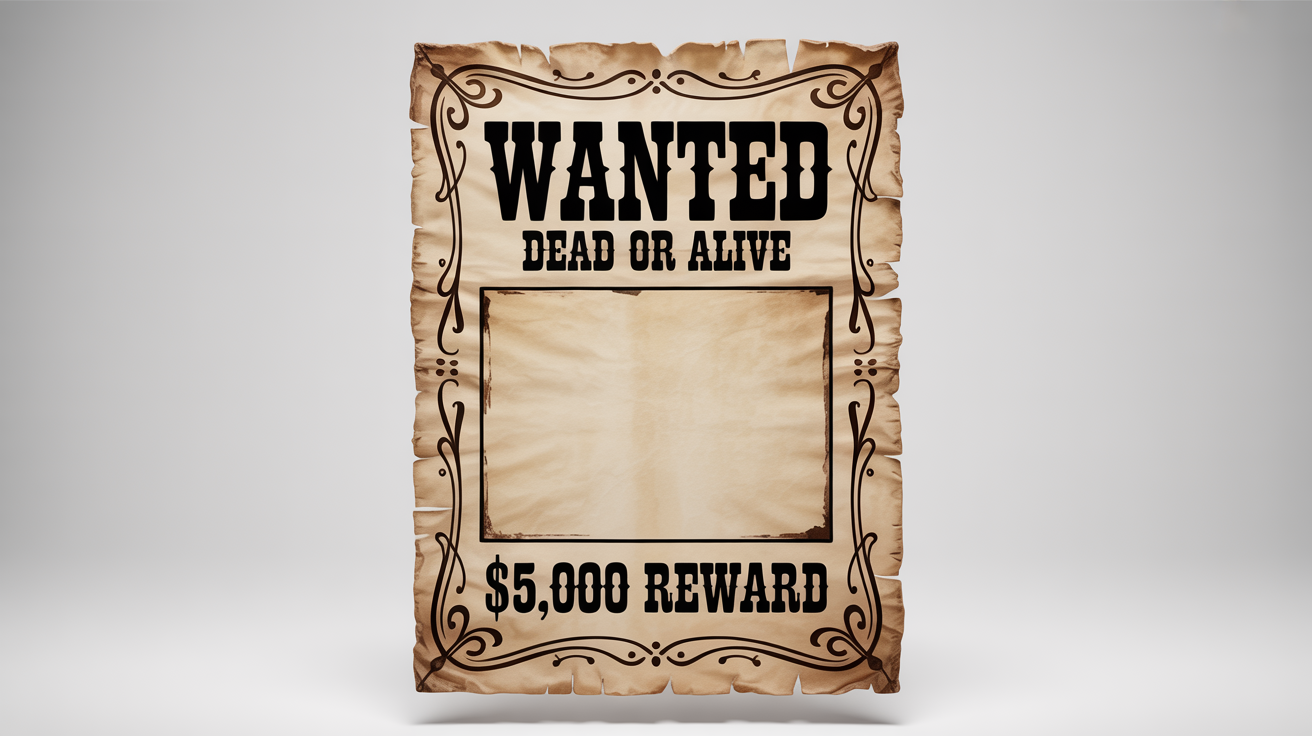 A mockup of a vintage wanted poster with a detailed western-style border on aged paper. The poster says 'WANTED' and has a blank space for a picture.