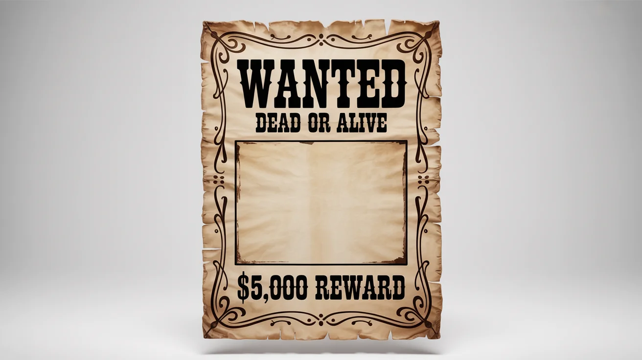 A mockup of a vintage wanted poster with a detailed western-style border on aged paper. The poster says 'WANTED' and has a blank space for a picture.
