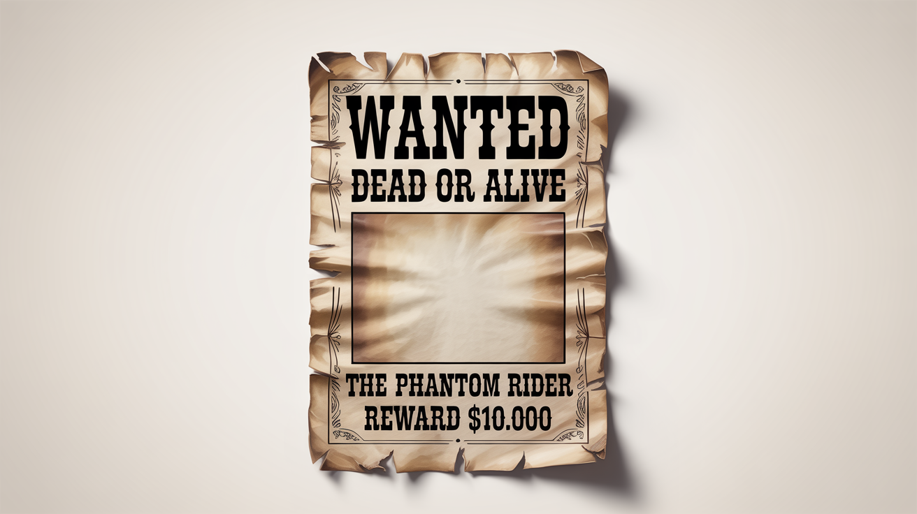 A vintage wanted poster template with aged paper and Western-style fonts, set against a white background. It reads 'WANTED', 'DEAD OR ALIVE', 'THE PHANTOM RIDER', and 'REWARD $10,000', with a blank space for an image.