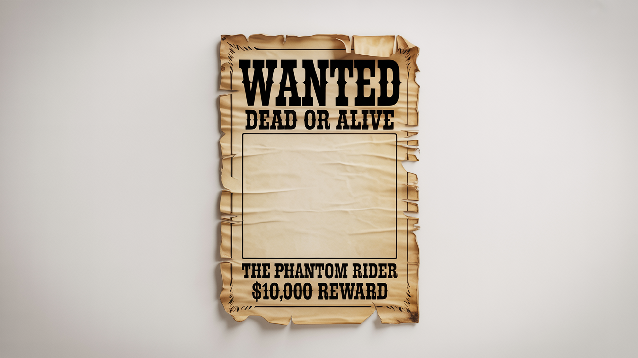 A vintage-style wanted poster mockup on aged, yellowed paper with torn edges. The poster reads 'WANTED', 'DEAD OR ALIVE', 'THE PHANTOM RIDER', and '$10,000 REWARD', set against a plain white background.