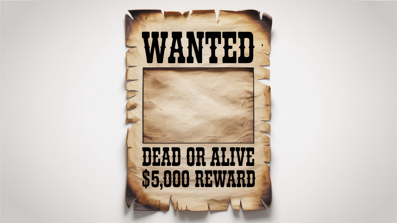 A vintage wanted poster template on aged parchment paper with torn edges. It features the words 'WANTED', 'DEAD OR ALIVE', and '$5,000 REWARD' in a classic western font, with a blank space for a picture, all against a clean white background.