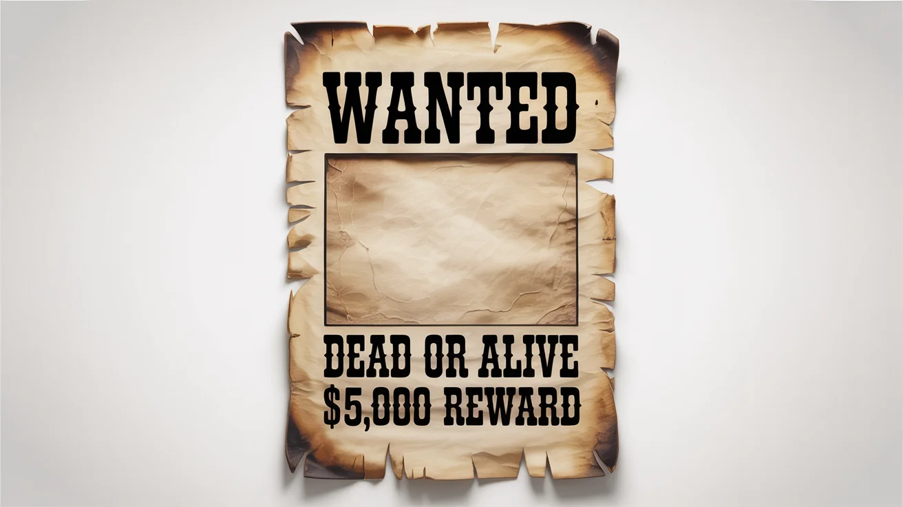 A vintage wanted poster template on aged parchment paper with torn edges. It features the words 'WANTED', 'DEAD OR ALIVE', and '$5,000 REWARD' in a classic western font, with a blank space for a picture, all against a clean white background.