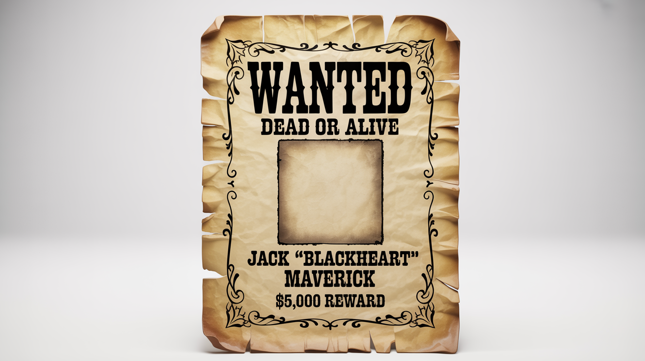 A vintage wanted poster from the Old West with decorative borders, set against a white background. The poster is on aged paper and has text that reads 'WANTED', 'DEAD OR ALIVE', 'JACK "BLACKHEART" MAVERICK', and '$5,000 REWARD'.