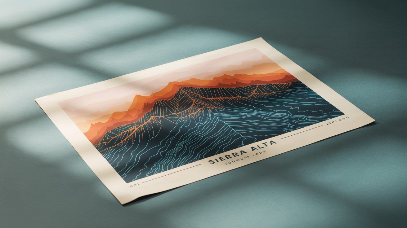 A professional mockup of a high-quality print showing a colorful topographical contour map of a mountain range, laid on a clean gray surface.