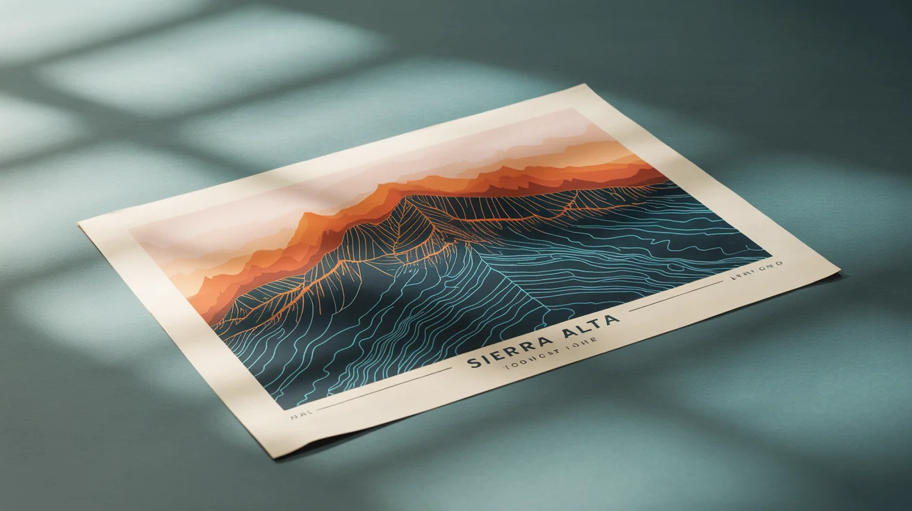 A professional mockup of a high-quality print showing a colorful topographical contour map of a mountain range, laid on a clean gray surface.