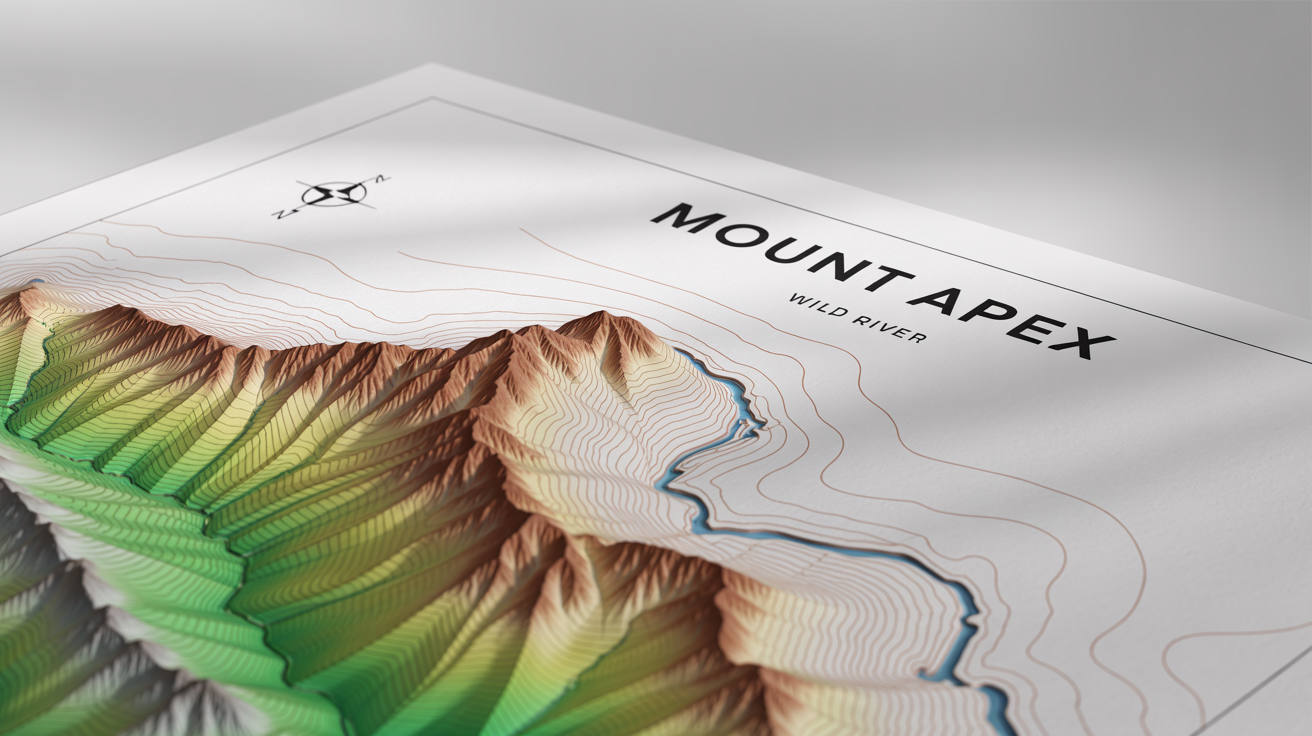 A professional-looking contour map displaying the topography of a fictional mountain range with a peak and a river, set against a white background.