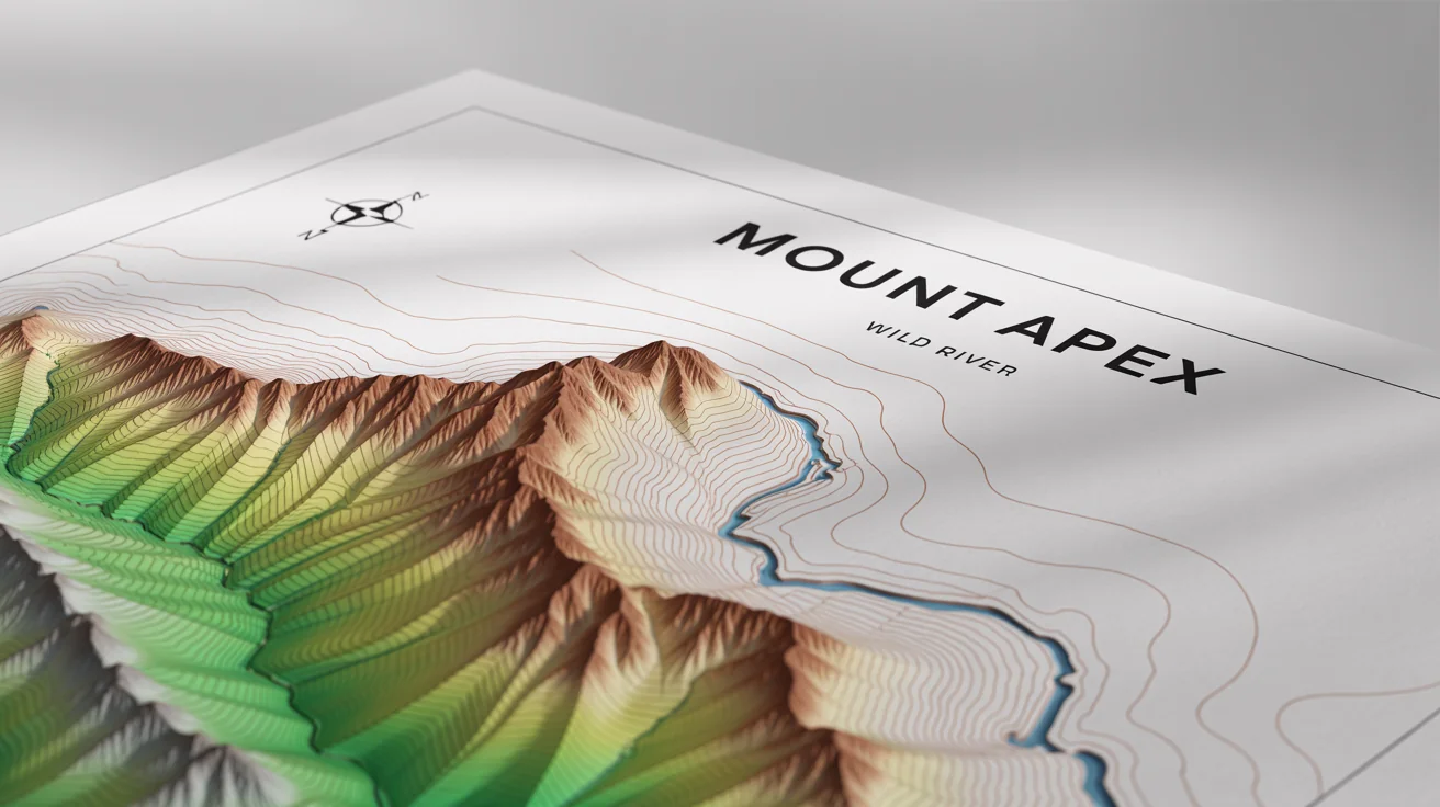 A professional-looking contour map displaying the topography of a fictional mountain range with a peak and a river, set against a white background.