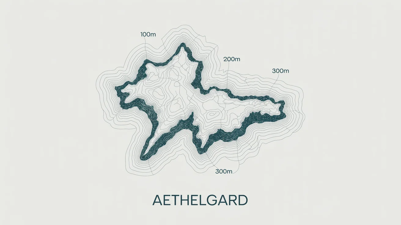 A modern, minimalist contour map of a fictional island, displayed against a white background. The map uses elegant dark teal lines to show elevation changes.