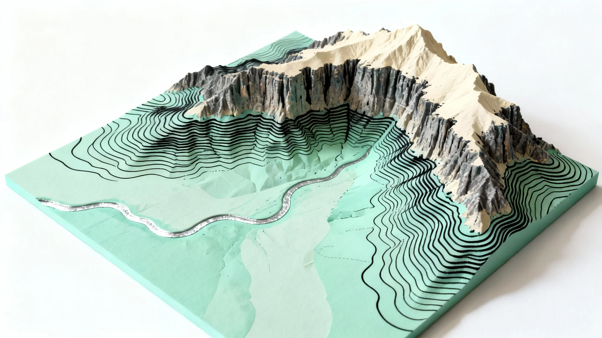 A detailed, modern contour map showing the topography of a mountain range and a river, presented as a clean mockup on a white background.