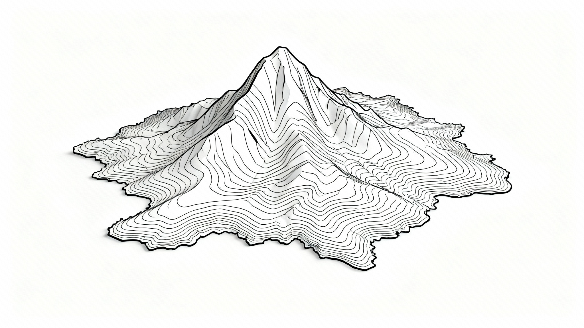 A minimalist contour map graphic with precise black lines showing the elevation of a mountain, set against a clean white background.