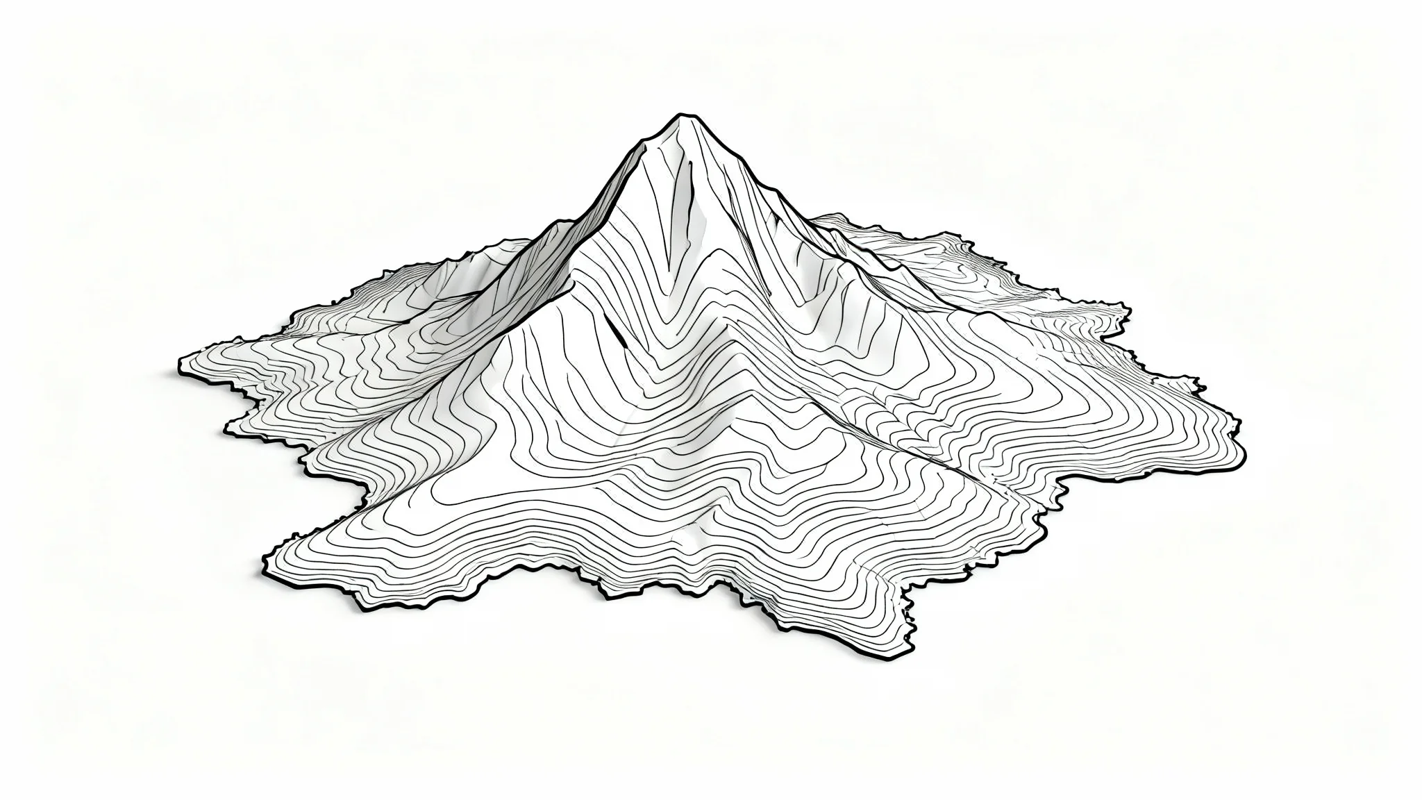 A minimalist contour map graphic with precise black lines showing the elevation of a mountain, set against a clean white background.