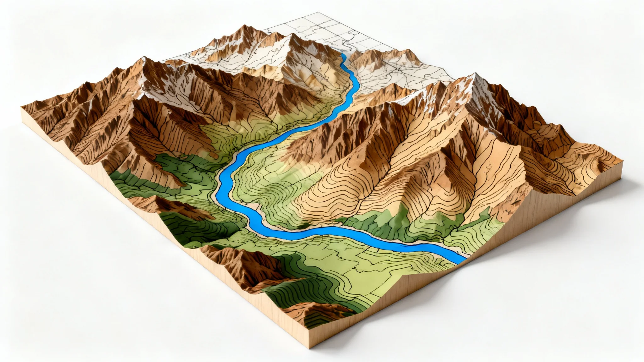 A detailed topographic contour map of a mountainous region, showing intricate brown lines for elevation and a blue river, presented on a clean white background.