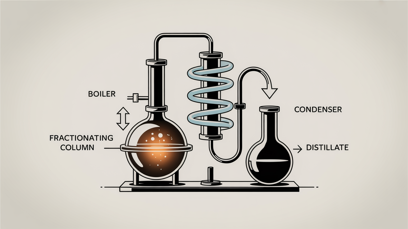 A colorful, modern isometric diagram of a distillation apparatus on a light background, with clear labels for each part like the boiler and condenser, showing the transformation from a simple black and white drawing.