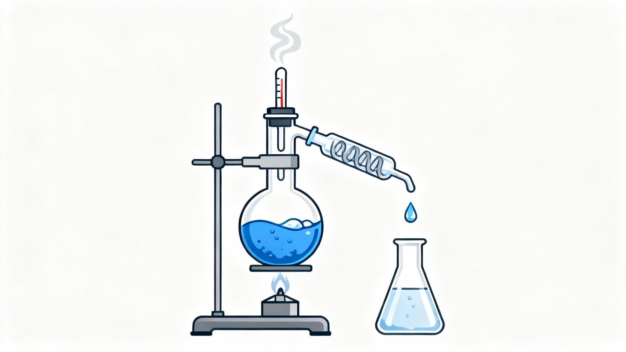 A clear, scientific diagram illustrating a laboratory distillation apparatus, including a heating flask, condenser, and receiving flask, set against a plain white background.