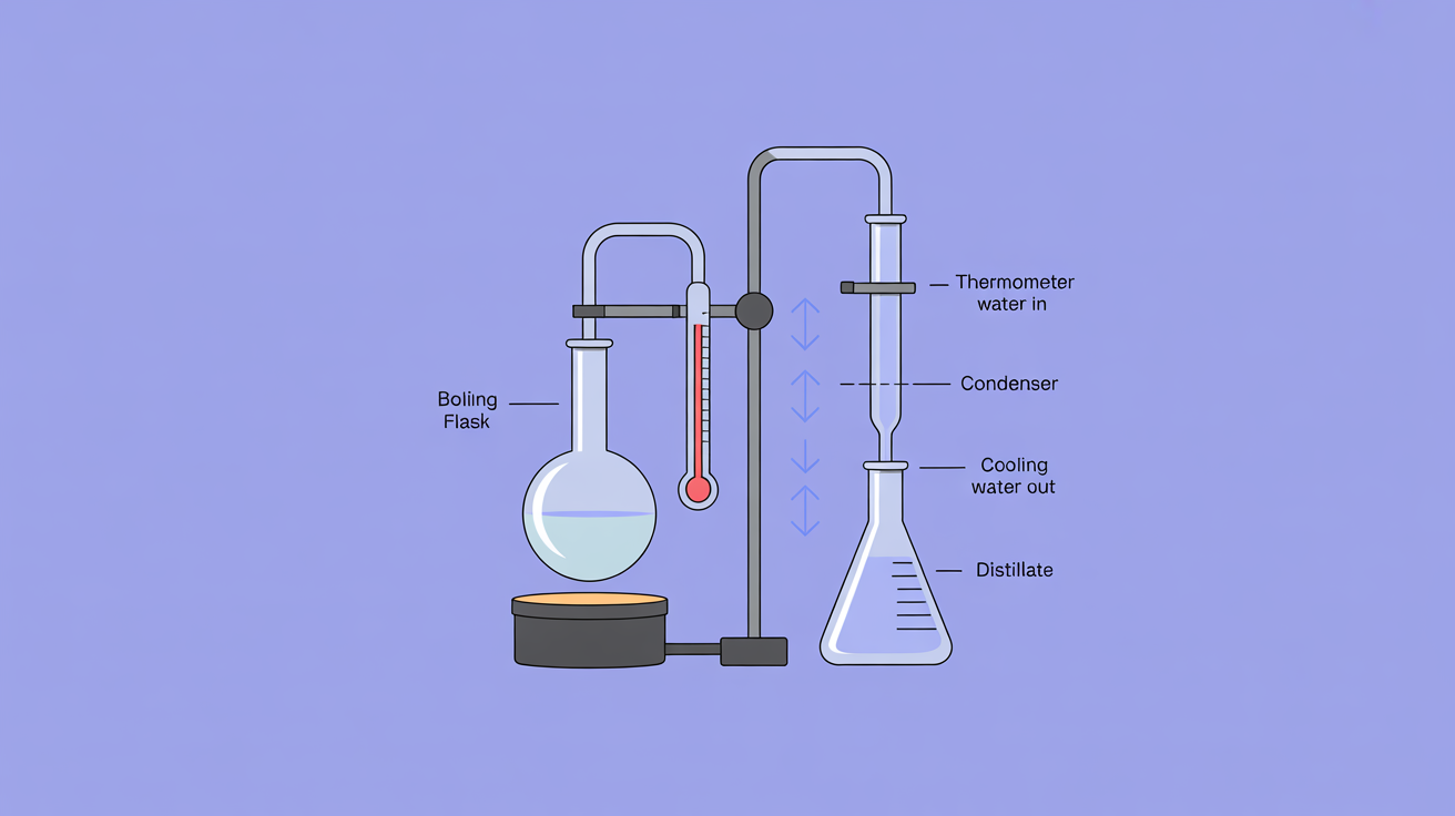 A clear, educational diagram of a laboratory distillation apparatus, with all components like the flask, condenser, and thermometer clearly labeled against a clean white background.