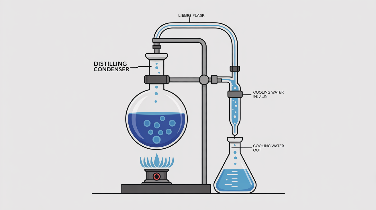 A scientific 2D vector diagram of a distillation apparatus, showing a heated distilling flask, a thermometer, a condenser with water flow, and a receiving flask, with all parts clearly labeled on a white background.