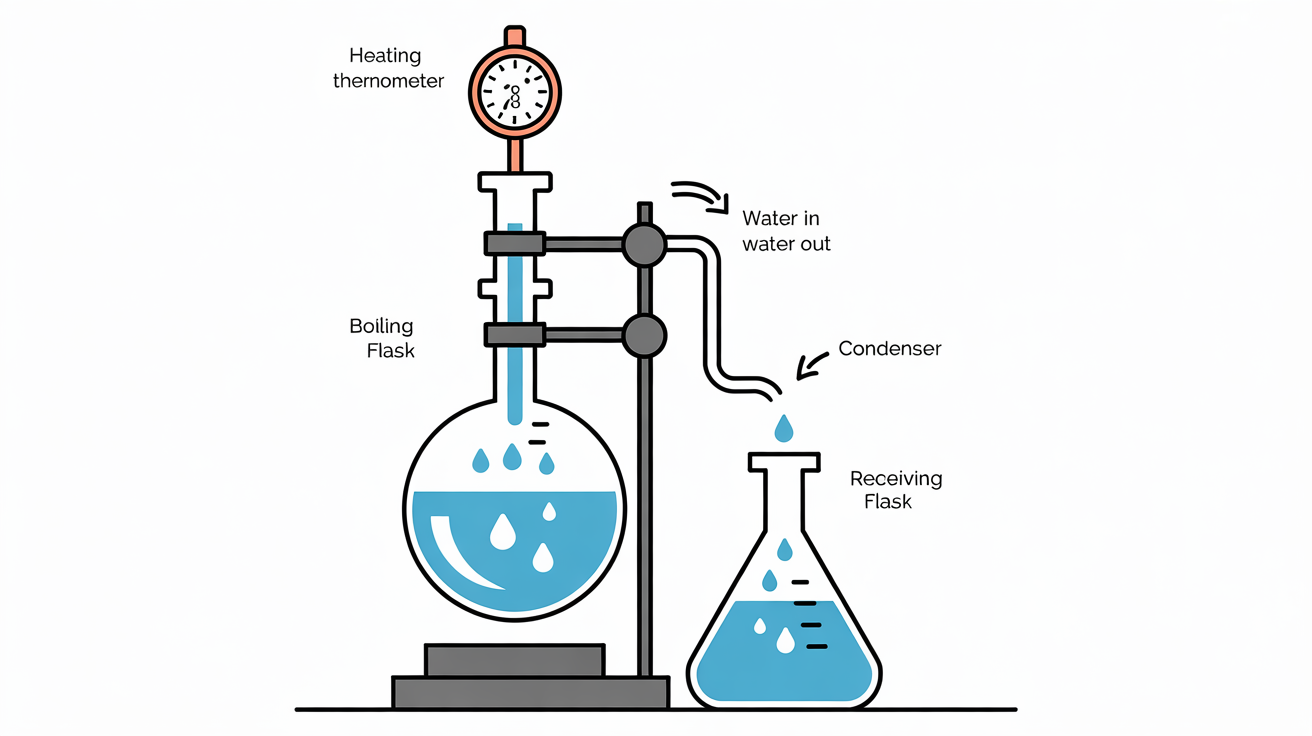 A 2D scientific diagram of a distillation apparatus, showing the path of vapor from a heated boiling flask, through a condenser, and into a receiving flask as liquid distillate.