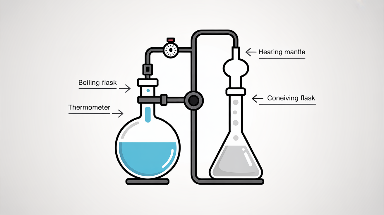 A clear, scientific diagram of a simple distillation apparatus, showcasing the setup from the boiling flask to the receiving flask, with each component clearly labeled for educational purposes.