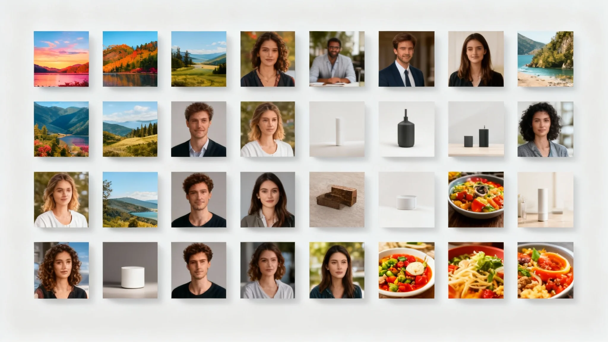 A dynamic grid of four different photos - a landscape, a portrait, a product, and food - all resized to a perfect, uniform square shape, floating against a clean gray background to demonstrate the output of a batch resizing tool.