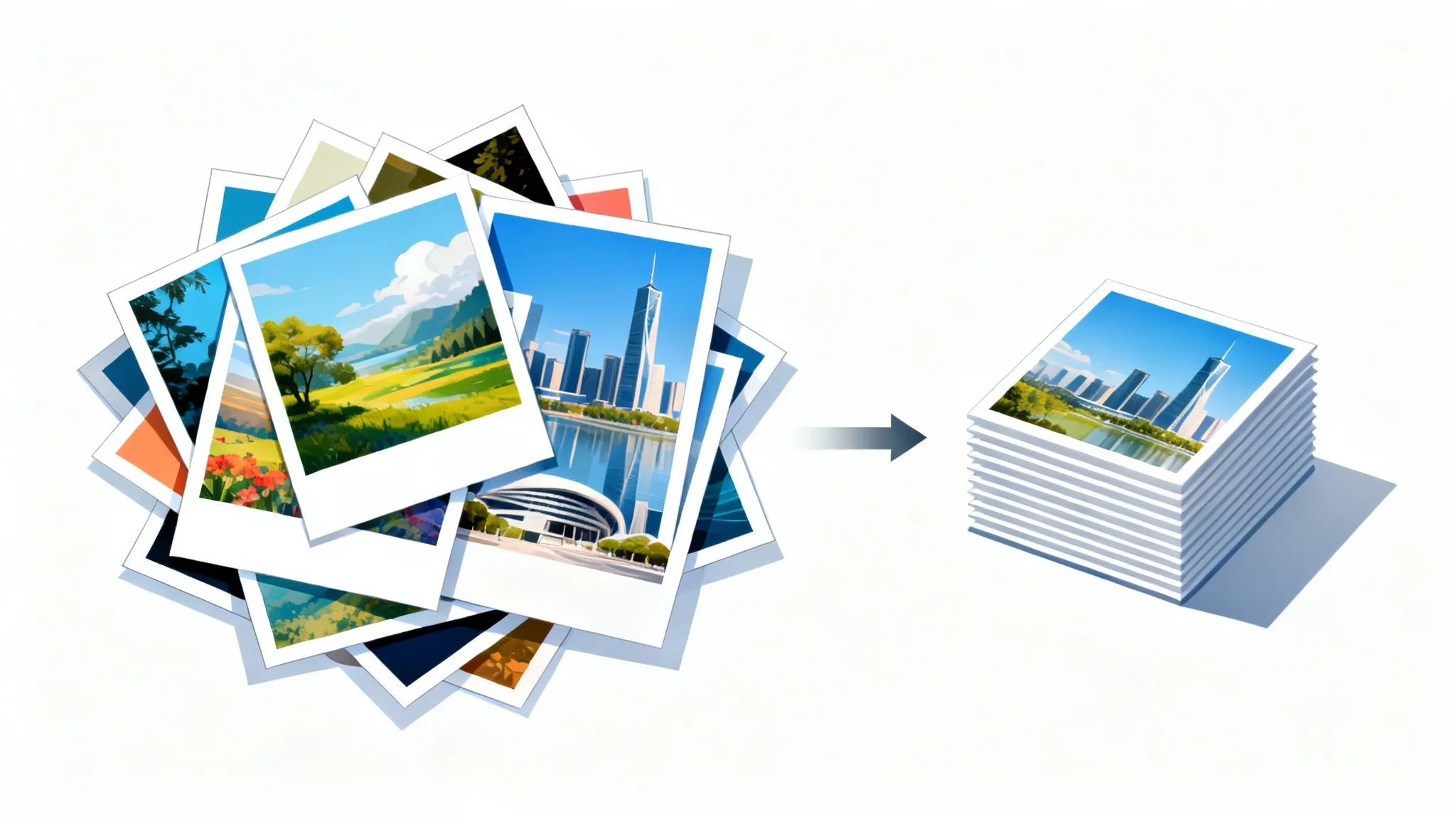 A conceptual illustration of batch image resizing, showing a messy stack of different-sized photos being transformed into a neat, uniform stack of images, all on a white background.