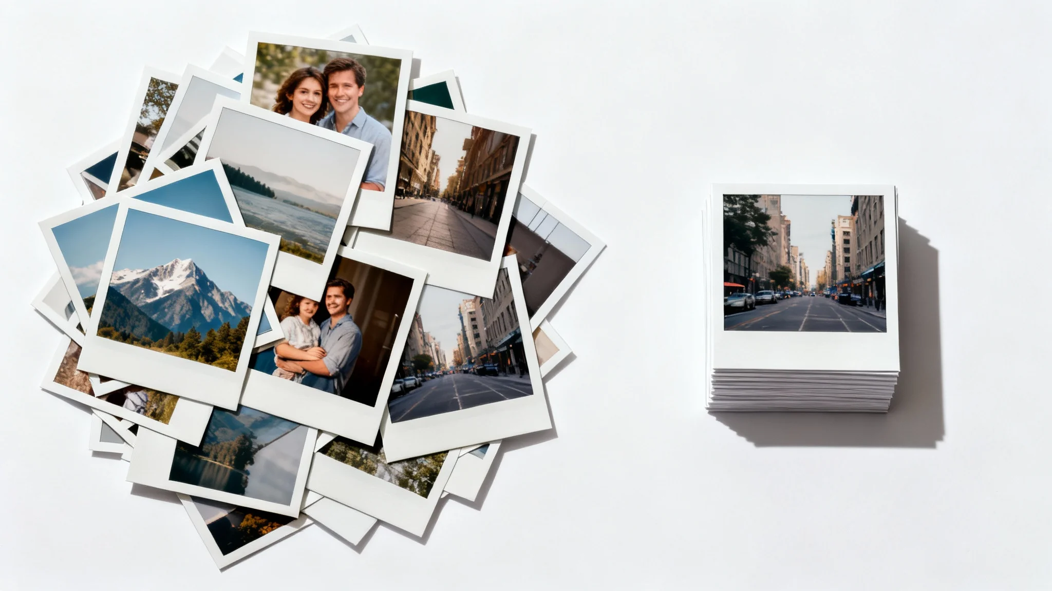 A visual representation of batch image resizing, showing a messy pile of different-sized photos on the left and a neat, uniform stack of the same photos on the right, all on a white background.