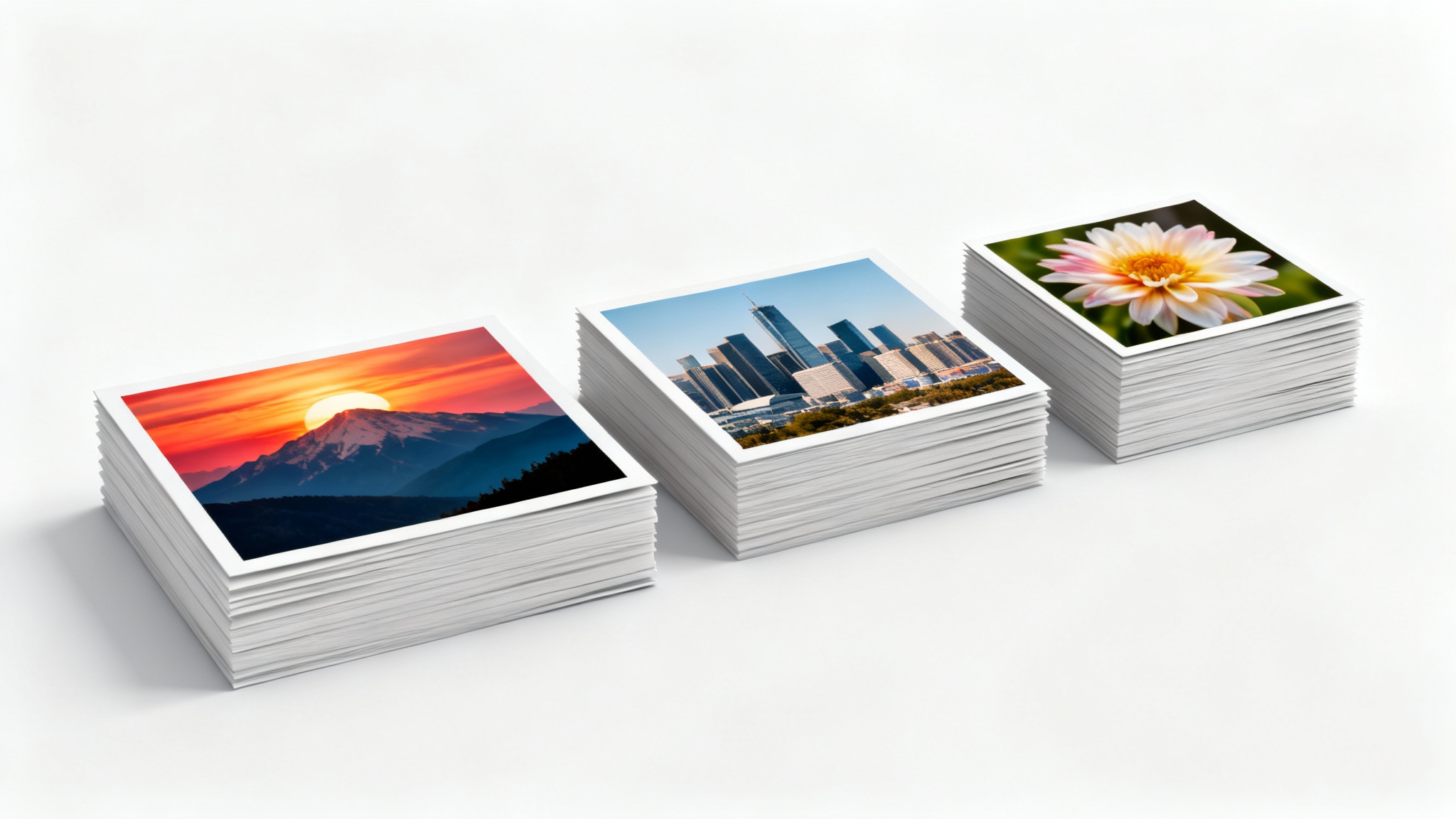 Three stacks of photographs on a white background, with each stack showing the same image in progressively smaller sizes from large to small, illustrating the concept of batch image resizing.