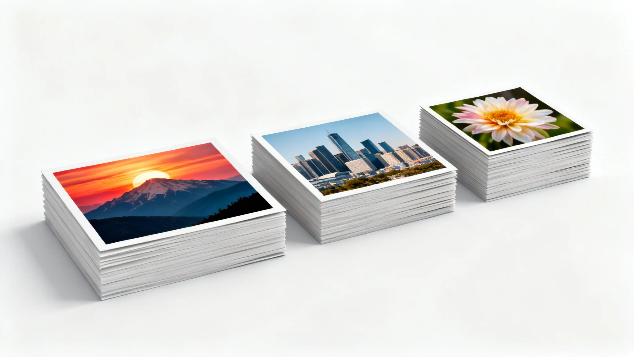Three stacks of photographs on a white background, with each stack showing the same image in progressively smaller sizes from large to small, illustrating the concept of batch image resizing.