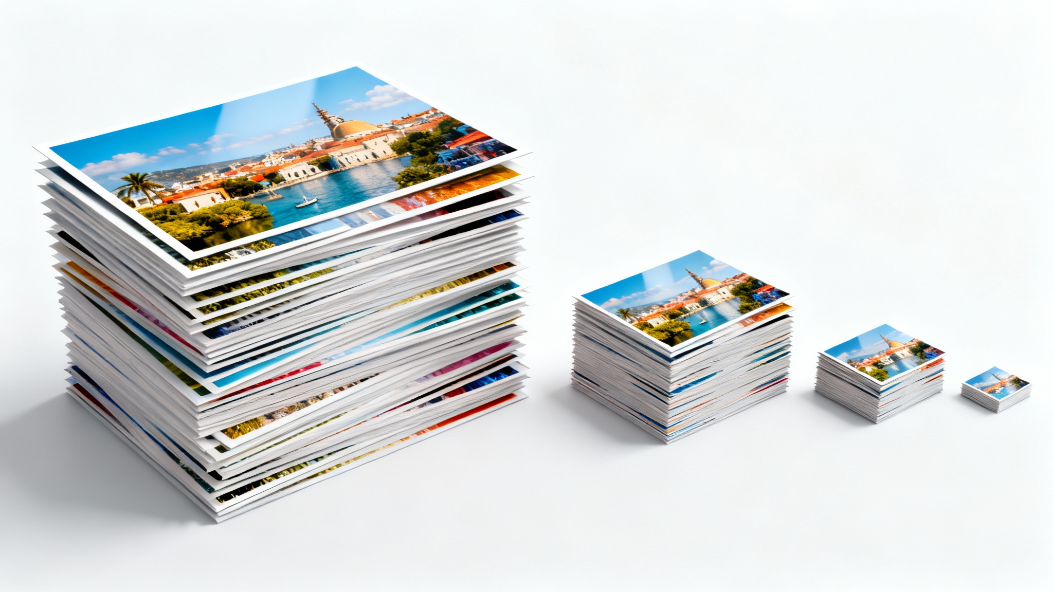 A visual representation of batch image resizing, showing a tall stack of large photos on one side and three smaller, neatly sorted stacks of the same photos on the other, all on a clean white background.
