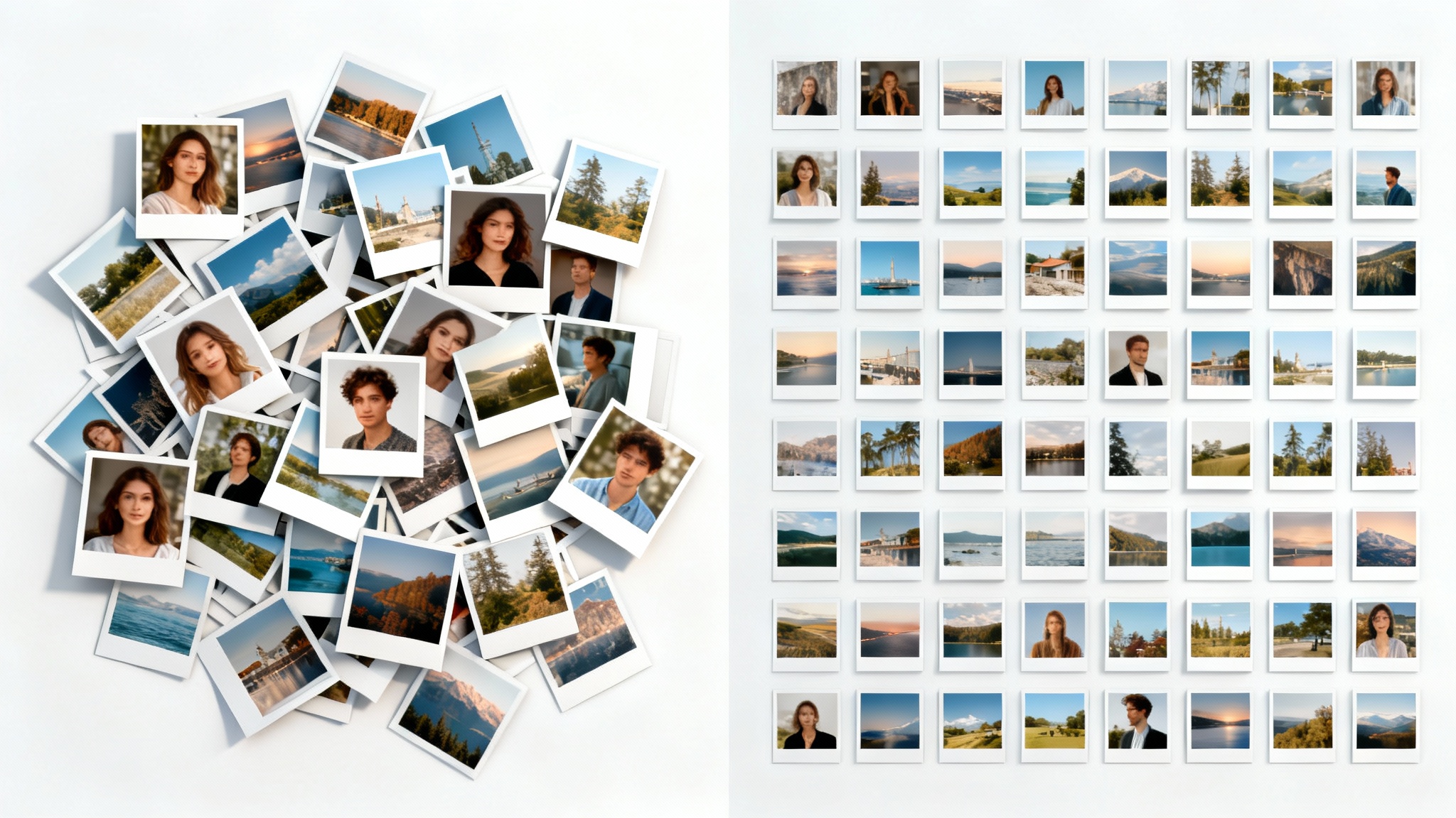 A visual metaphor for a batch image resizer, showing a chaotic pile of various-sized photos on the left and a perfectly organized grid of uniform-sized photos on the right.
