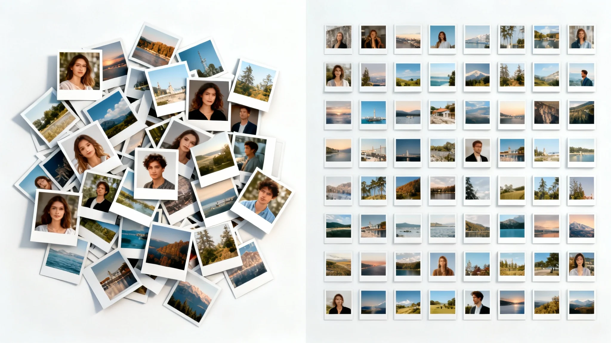 A visual metaphor for a batch image resizer, showing a chaotic pile of various-sized photos on the left and a perfectly organized grid of uniform-sized photos on the right.
