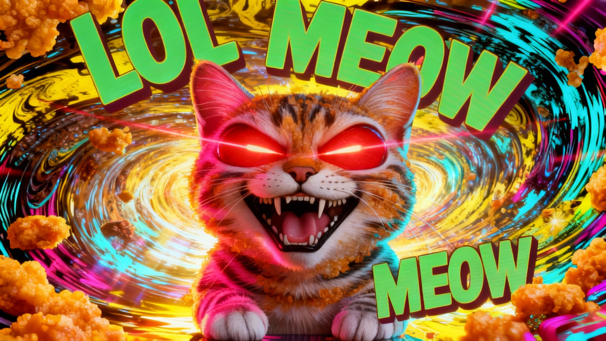 A final result of a 'deep fried meme' effect applied to an image of a cartoon cat. The cat has glowing laser eyes, the colors are extremely saturated and distorted, and the image is full of pixelation and digital noise, creating a chaotic and humorous image.